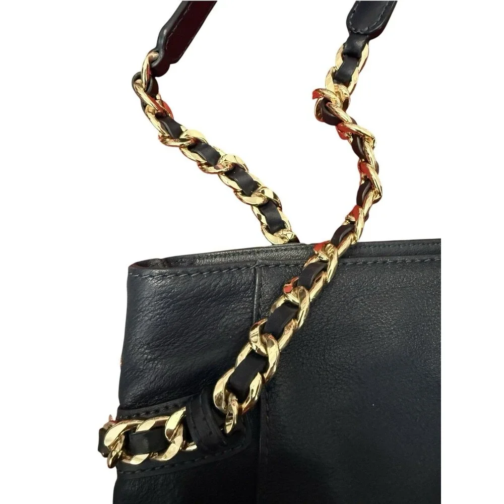 Michael Kors Navy Blue Pebbled Leather Chain Shoulder Tote Gold Lock Charm Bag